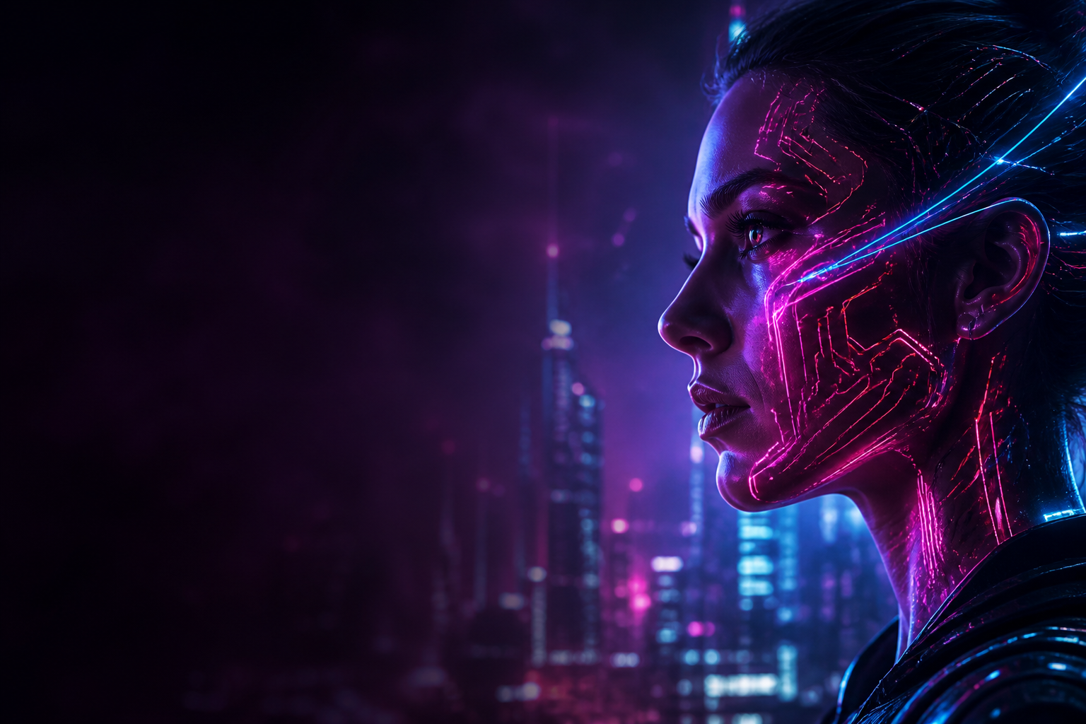 ملف شخصي سيبراني بأنماط دوائر متوهجة تمثل الذكاء المستند إلى البيانات